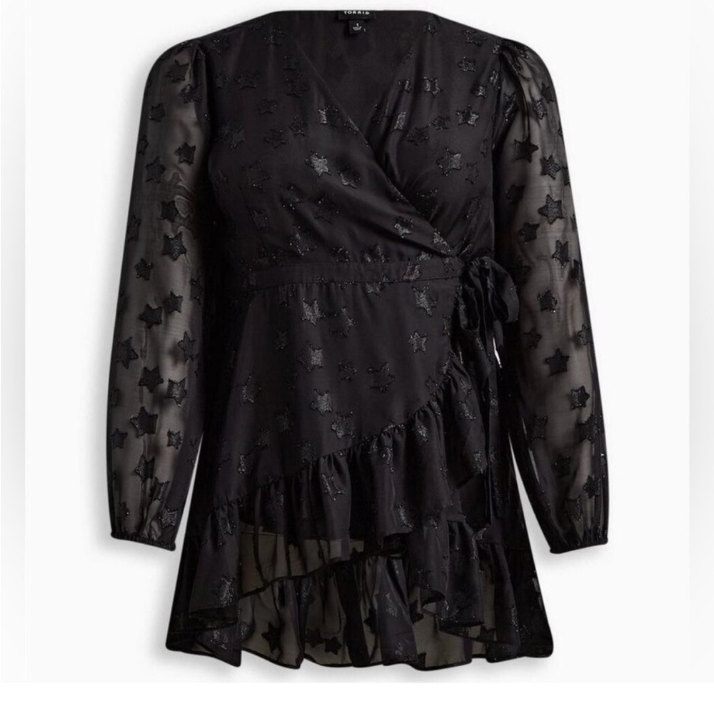 Torrid Black Asymmetrical Wrap Top with Bishop Sleeves